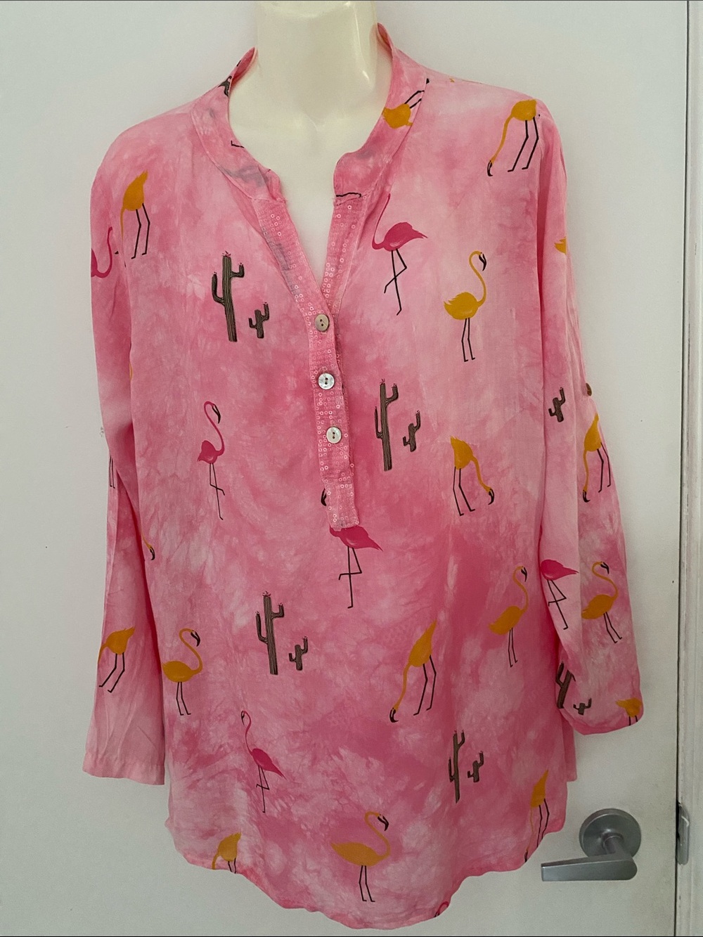 Pink Flamingo Print Button Henley Tunic Blouse 3/4 Length sleeve Size Medium